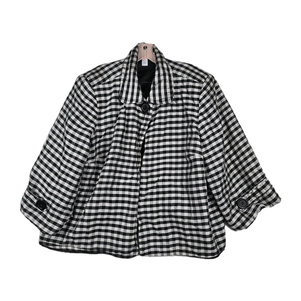 Dressbarn Woman 100% Silk Gingham Check 3/4 Sleeve Swing Jacket Black White 2X